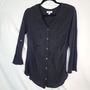 Indigo Black Button Down with Embroidered Detail